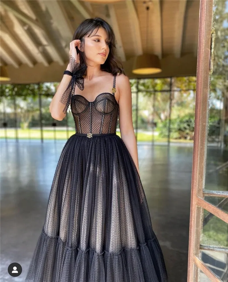Verngo Modern Black A Line Short Prom Dresses Spaghetti Straps Dotted Tulle Corset Evening Gowns Tea Length Formal Party Dress